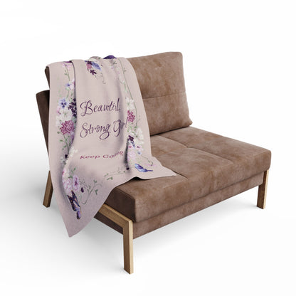 Inspirational 'Beautiful, Strong Girl – Keep Going' Floral Fleece Blanket