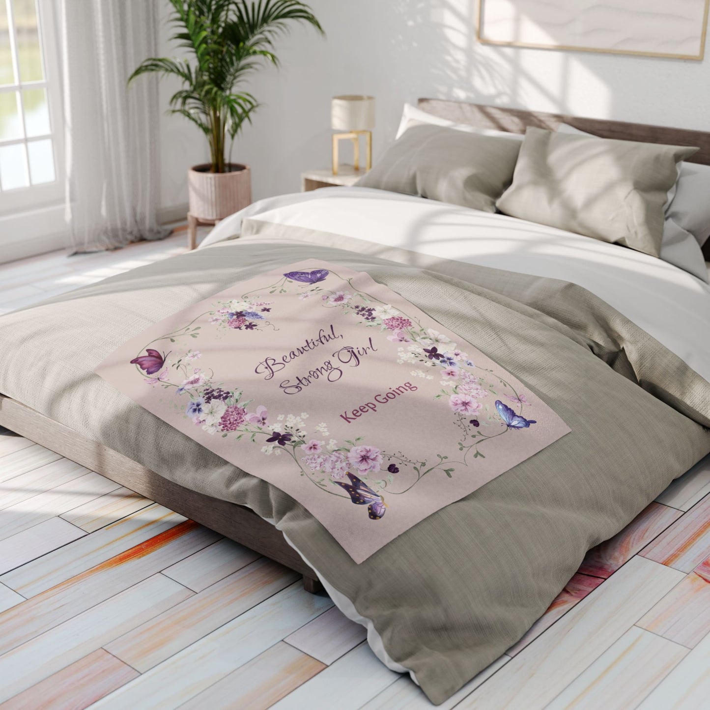 Inspirational 'Beautiful, Strong Girl – Keep Going' Floral Fleece Blanket